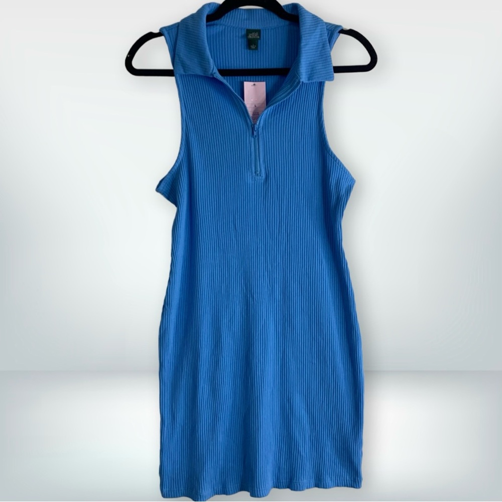 NWT Wild Fable Blue Ribbed Sleeveless Zip Collar Bodycon Mini Dress, Size L - Picture 2 of 7